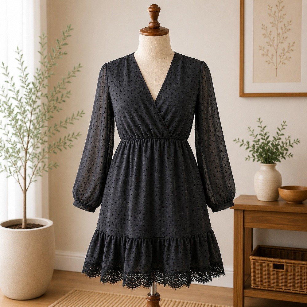 NWT Cupshe Mini Dress Womens Small Black Swiss Dot Lace Trim Long Sleeve V-Neck